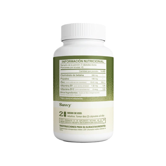 Gud Gut Clorhidrato de Betaína, Pepsina y Zinc Savvy por 90 Cápsulas